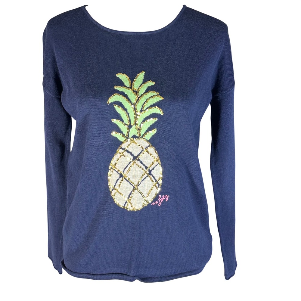 Lilly Pulitzer Roselle Sweater Women XS Navy Blue Sequin Pineapple Knit